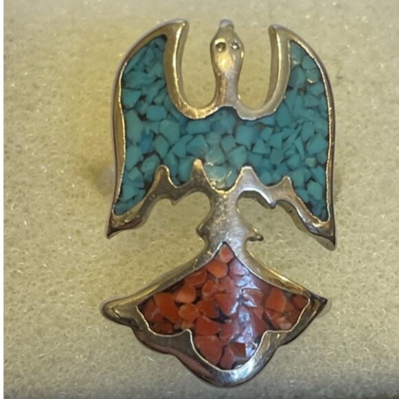 Silver Tone Phoenix Thunderbird Turquoise Coral Inlay Size 7.25 Costume Ring - Picture 2 of 9